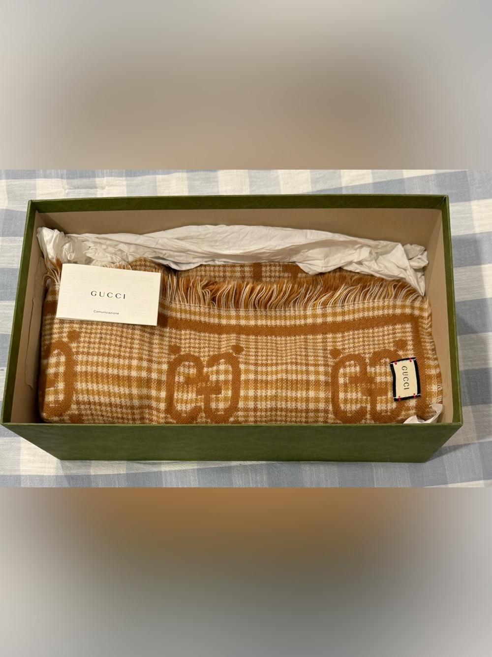 Gucci Brown Plaid GG Fringed Throw/Scarf